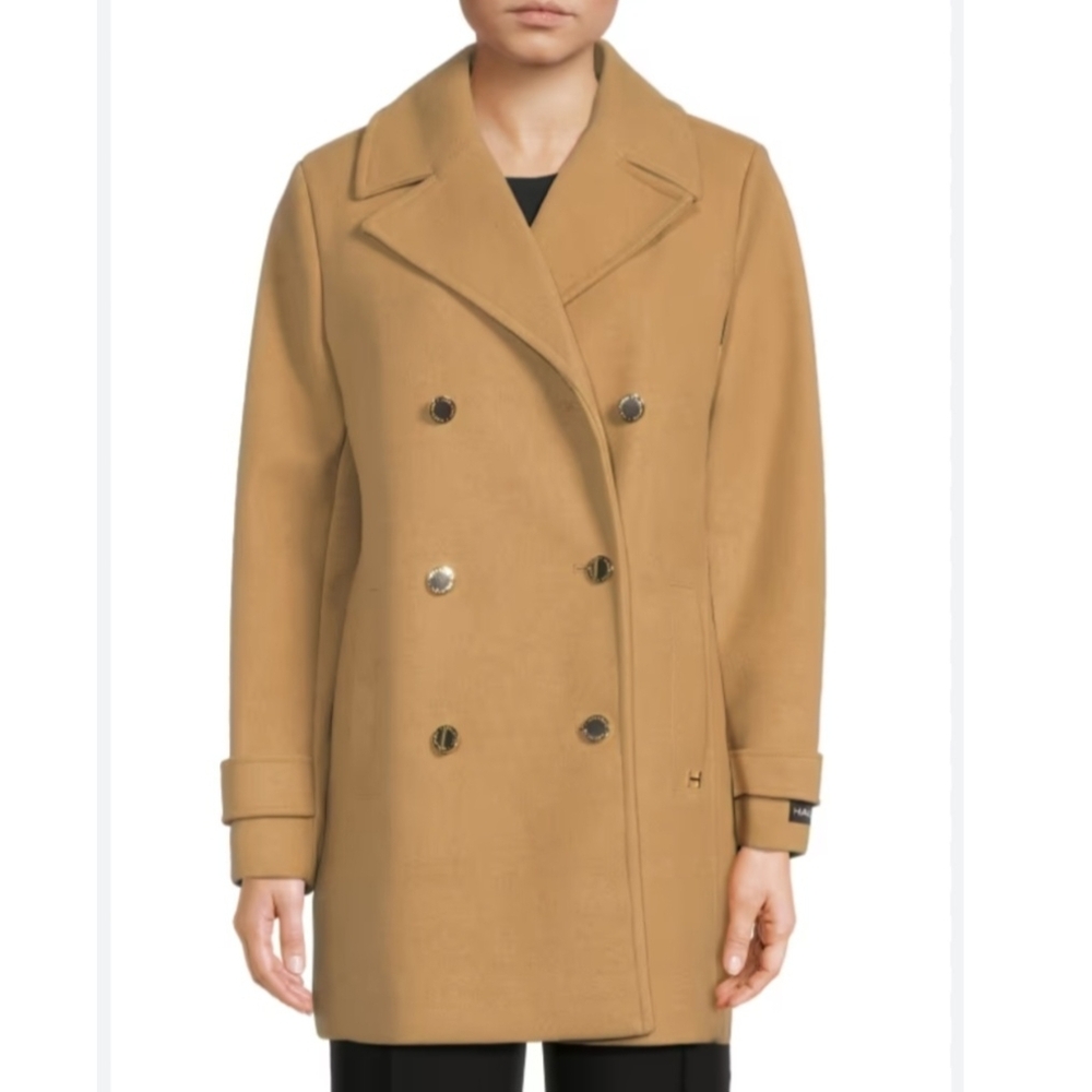 Halston Faux Wool Double Breasted Womens Coat Camel Beige New $300 NWT